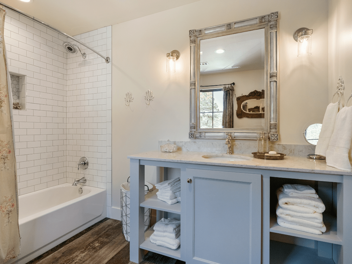 Image of bathroom vanity and shower/tub in luxury hotel room in wimberley texas