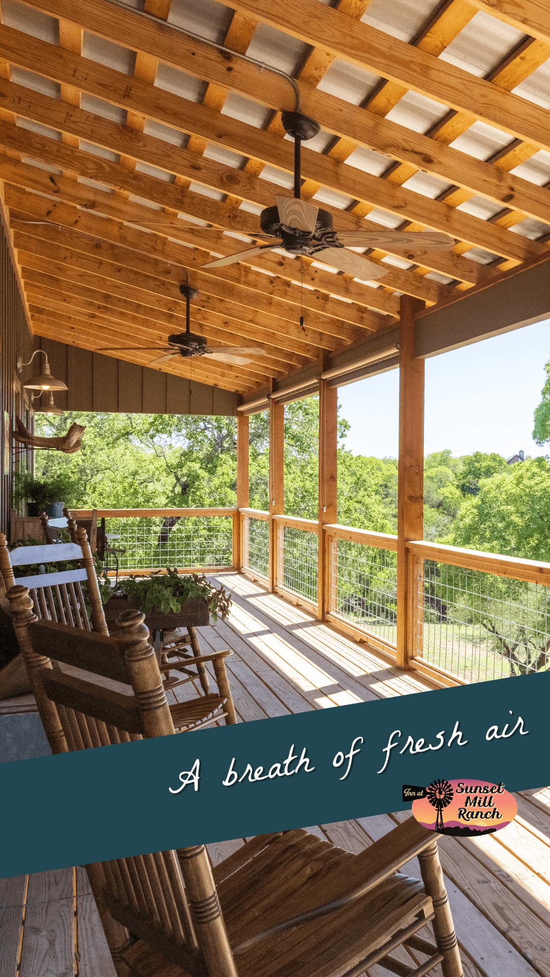 fresh air - Inn at Sunset Mill Ranch Image of wood rocking chairs on deck overlooking view in Texas Hill Country