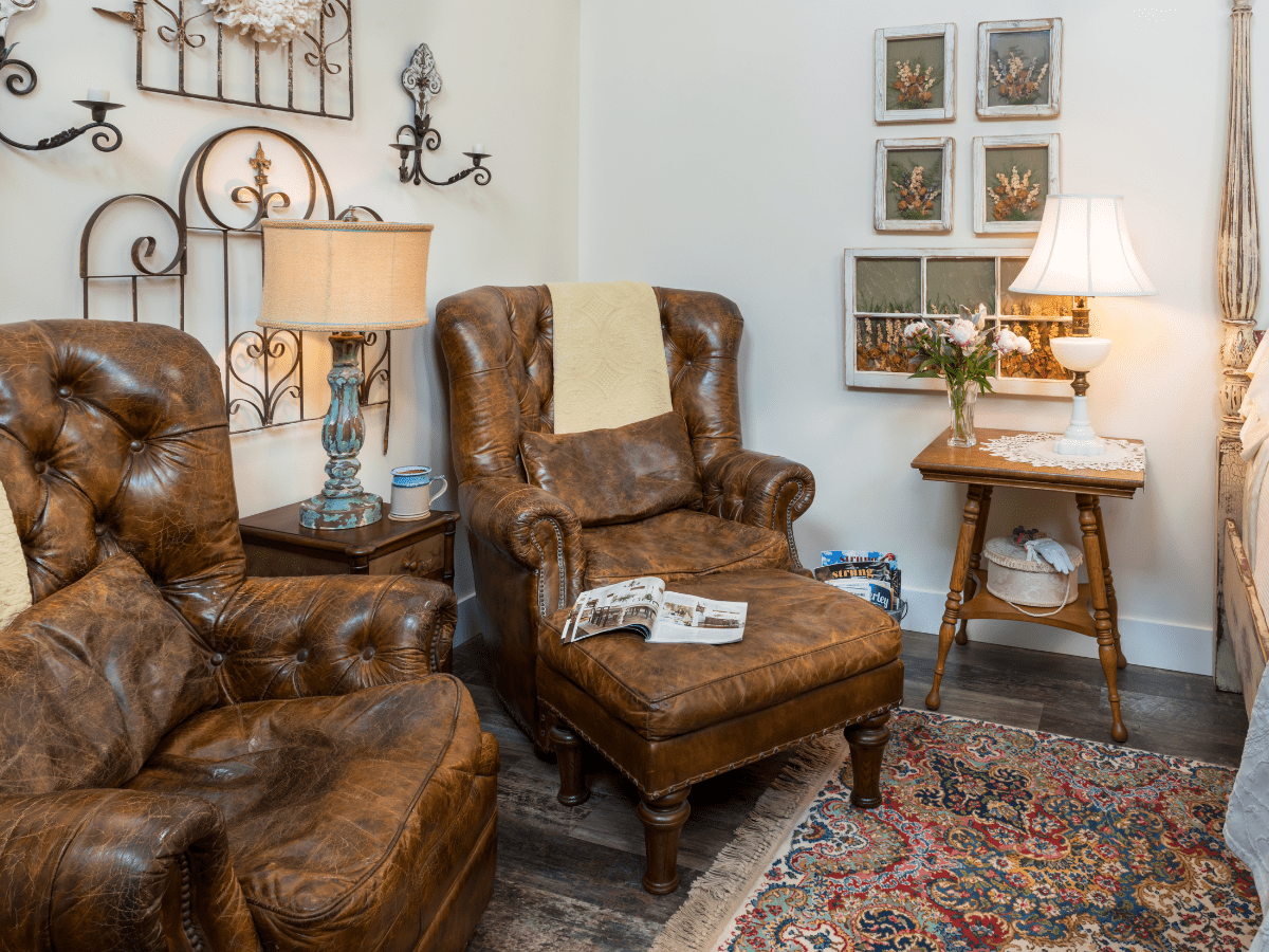 Inn_at_Sunset_Mill_Ranch_Wimberley_Hotel_mill_room - Inn at Sunset Mill Ranch Image of two gorgeous leather chairs at Inn at Sunset Mill ranch in wimberley texas