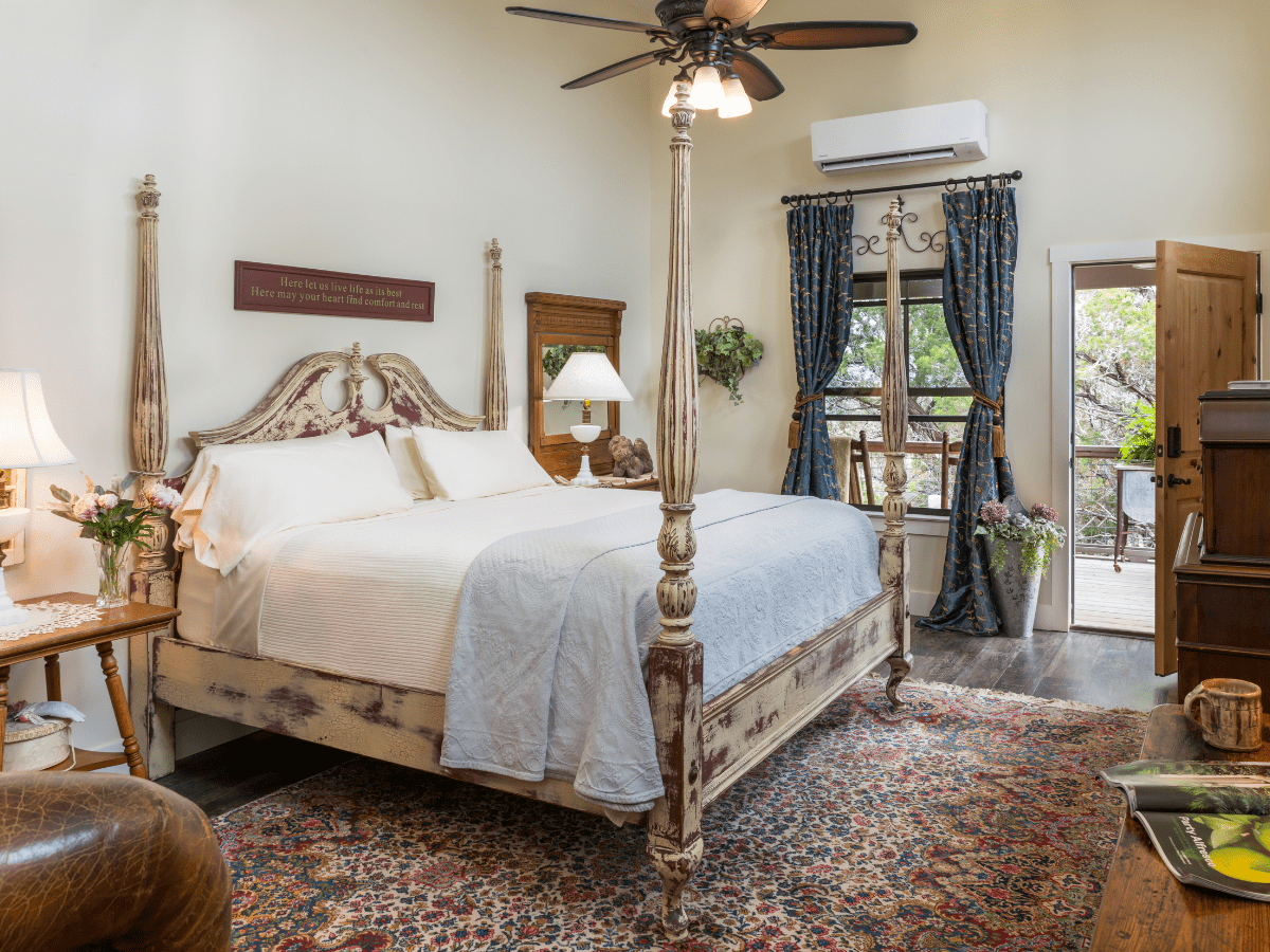 Inn_at_Sunset_Mill_Ranch_Wimberley_Hotel_mill_room 2 - Inn at Sunset Mill Ranch Image of four poster bed and wimberley bed and breakfast inn at sunset mill ranch in Mill Room