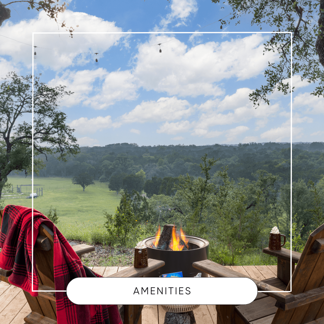 Image of fire in firepit on deck with two adirondak chairs in Texas Hill Country